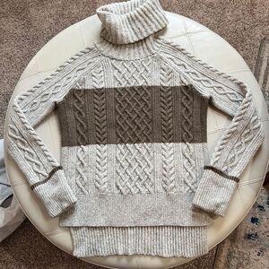 Madewell‎ Cable Knit Turtleneck Wool Blend Sweater Brown Stripe Cable Knit XS